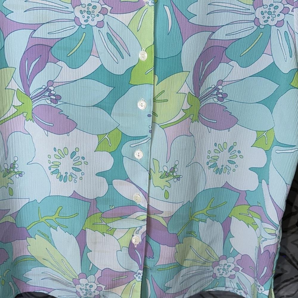 Allison Daley -VINTAGE Blue Lavender Floral Short Sleeve Button Down Size Large - Picture 10 of 16